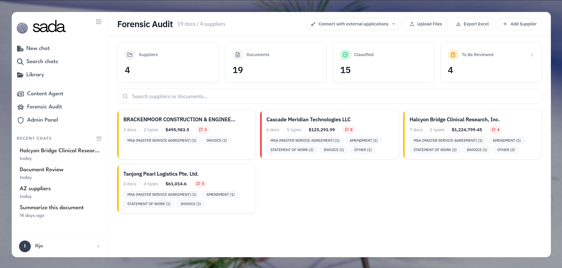 Sada Forensic Audit portfolio view listing suppliers with documents, spend and flag counts