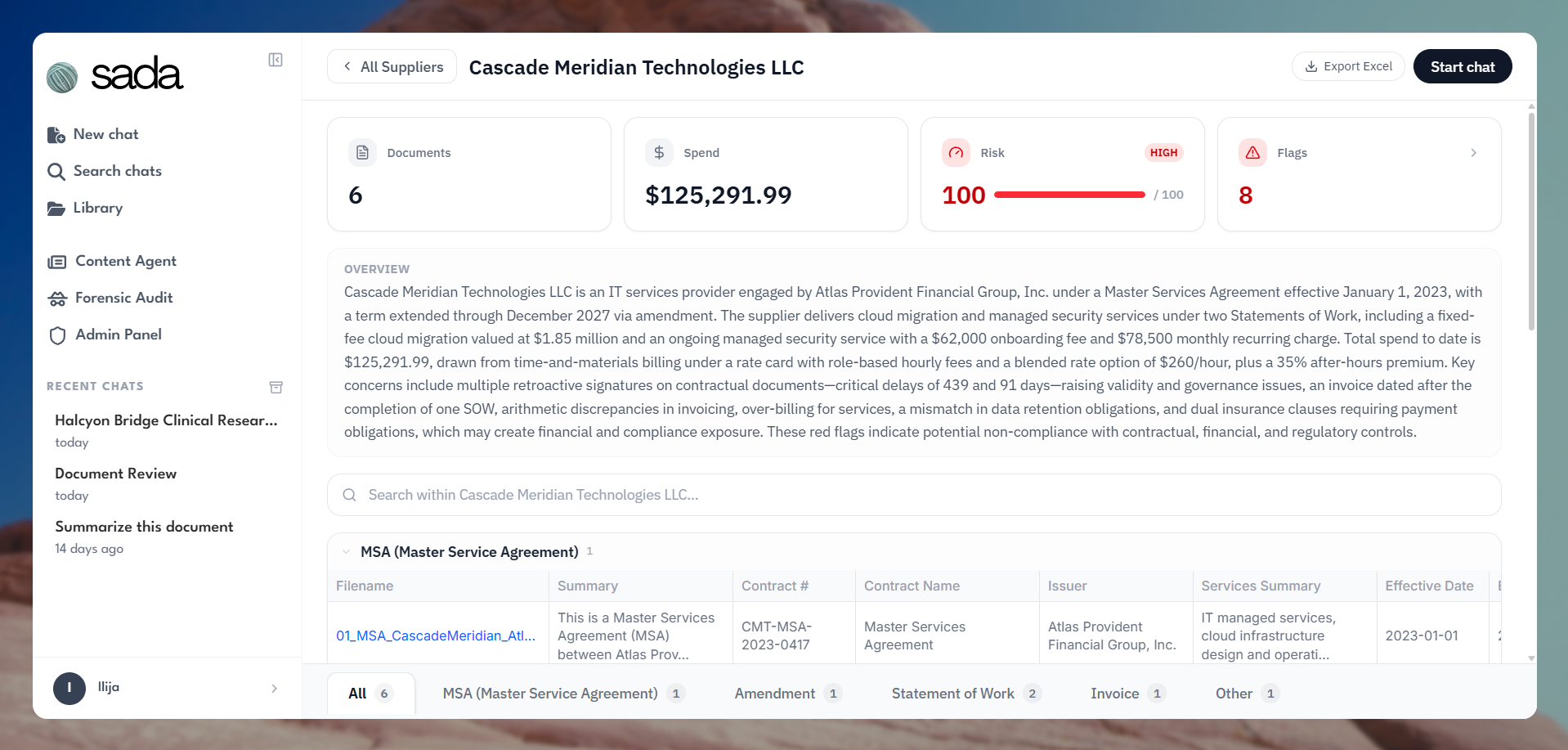 Sada supplier overview showing documents, spend, risk score and flags
