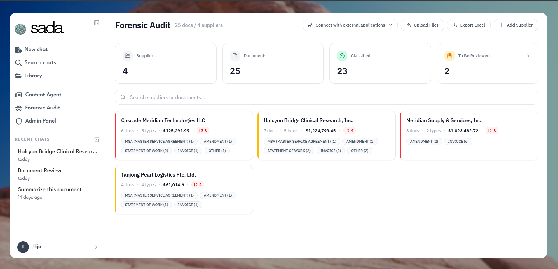 Sada Forensic Audit portfolio view listing suppliers with documents, spend and flag counts